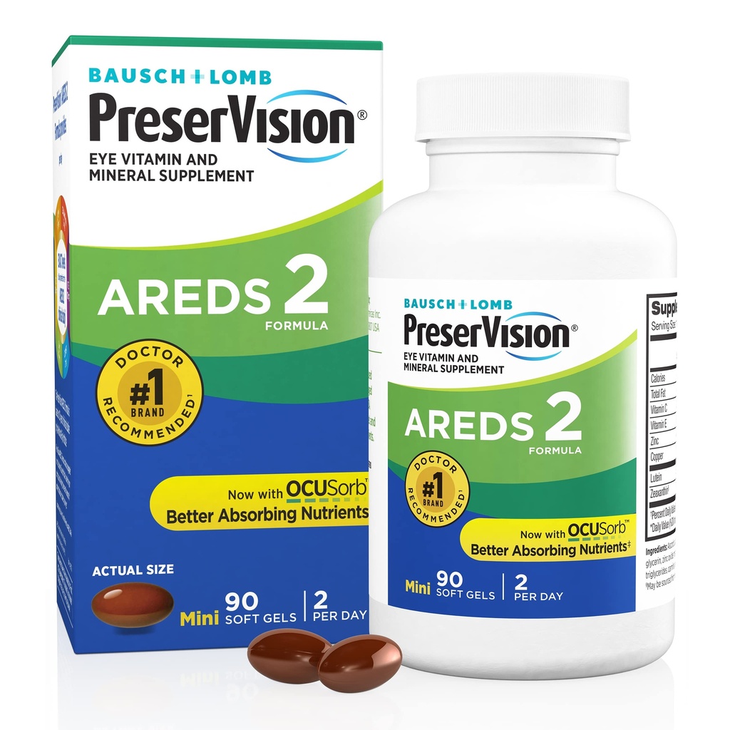 PreserVision AREDS 2 Oogvitaminen, #1 Oogarts Aanbevolen Merk, Luteïne en Zeaxanthine Supplement met Vitamine C, Vitamine E, Zink en Koper, 90 Softgels (Minigels)