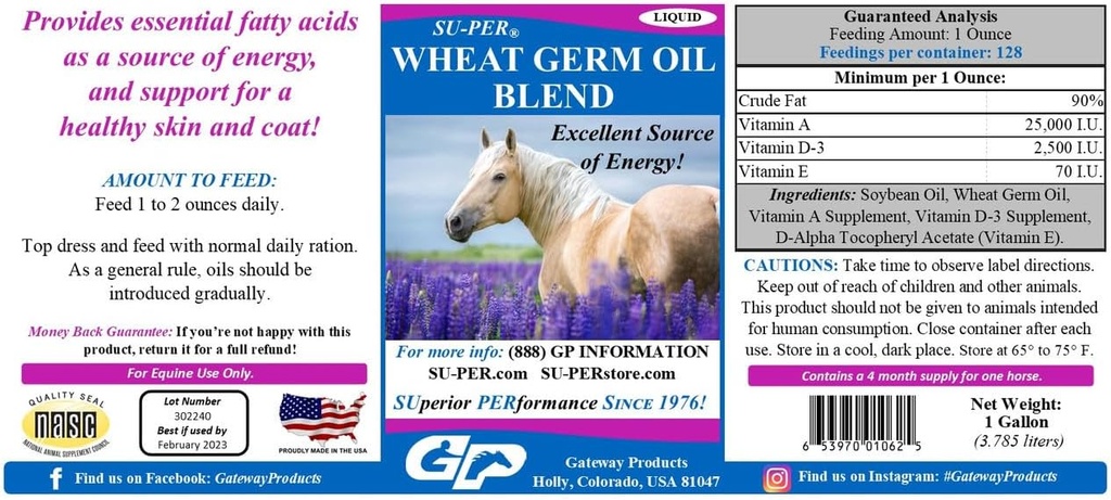 SU-PER Tarwekiemolie Blend voor paarden - Ondersteunt energie, duurzaamheid, uithoudingsvermogen, gezonde huid en jas - essentiële vetzuren, vitaminen en mineralen - 1 Gallon, 4 maanden levering