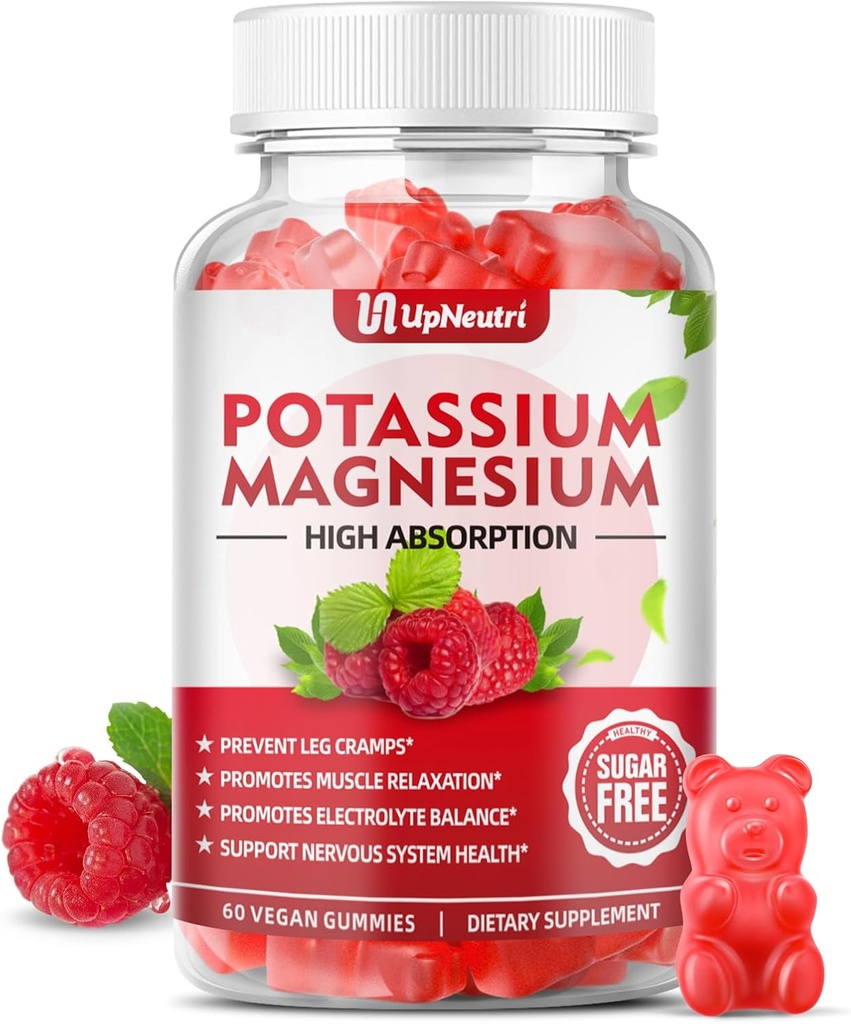 Kalium Magnesium Supplement Gummies voor volwassenen Kids, Sugar-Free Kalium Citrate Gummies Ondersteunt Leg Cramps & Muscle & Heart Health, Vegan Magnesium Glycinate Gummies Raspberry Flavor 60 Ct