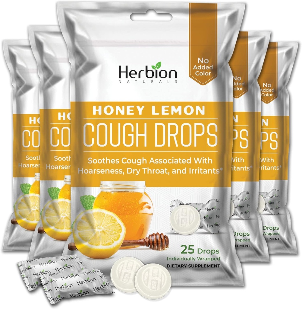HERBION Naturals Hoest druppels met honing citroen smaak, Dieetsupplement, Soothes Hoest, voor volwassenen en kinderen ouder dan 6 jaar, 125 Lozen, Pack van 5