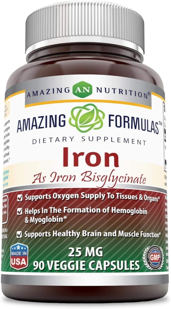 Verbazingwekkende formules IJzer als ijzer Biglycinaat 25 Mg Veggie Capsules (Non-GMO,Gluten Free) - Ondersteunt de zuurstoftoevoer naar weefsels en organen-helpt in de vorming van hemoglobine&Myoglobin.(90 Veggie Capsules)