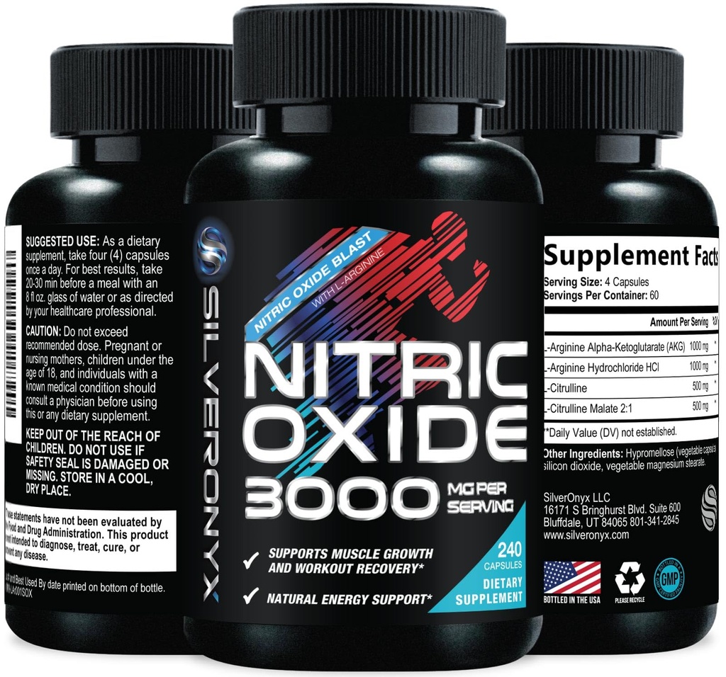 Extra Strength Supplément à l'oxyde nitrique 3X Strength L Arginine, Citrulline Malate, AAKG, Beta Alanine - Booster nitrique de soutien musculaire Premium - Énergie naturelle et soutien de la santé cardiaque - 240 capsules