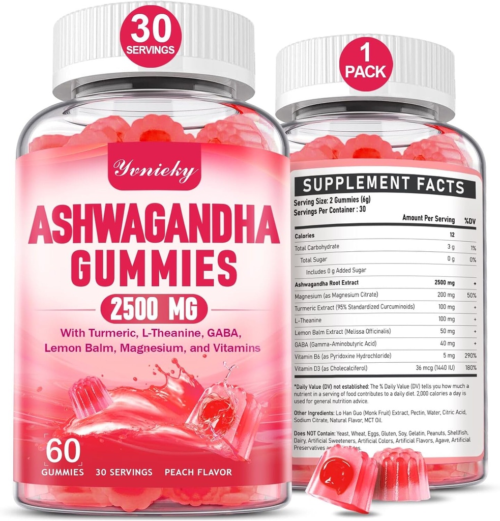 Ashwagandha Gummies 2500mg voor vrouwen & mannen: Ashwagandha supplement Gummy extra kracht met kurkuma, vitamine D3, L-Theanine, Magnesium - Gevulde Gummies, Aardbei smaak, Veganistisch, Non-GMO