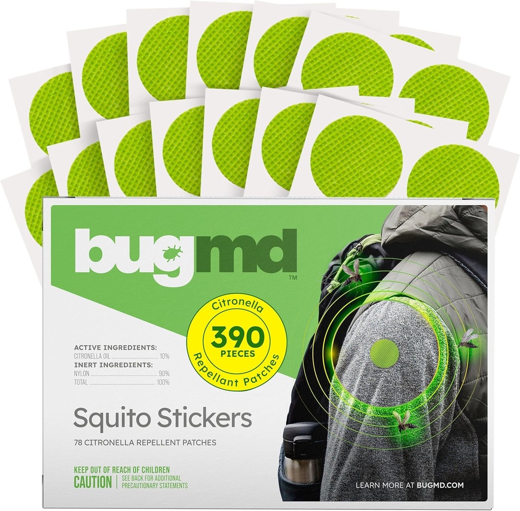 BugMD Squito Stickers Muggenafstotende Patch Stickers voor volwassenen (390 Patches), Veilige en effectieve Insectafstotende Patches voor peuters, kinderen, Camping, Strand & Outdoor Essentials