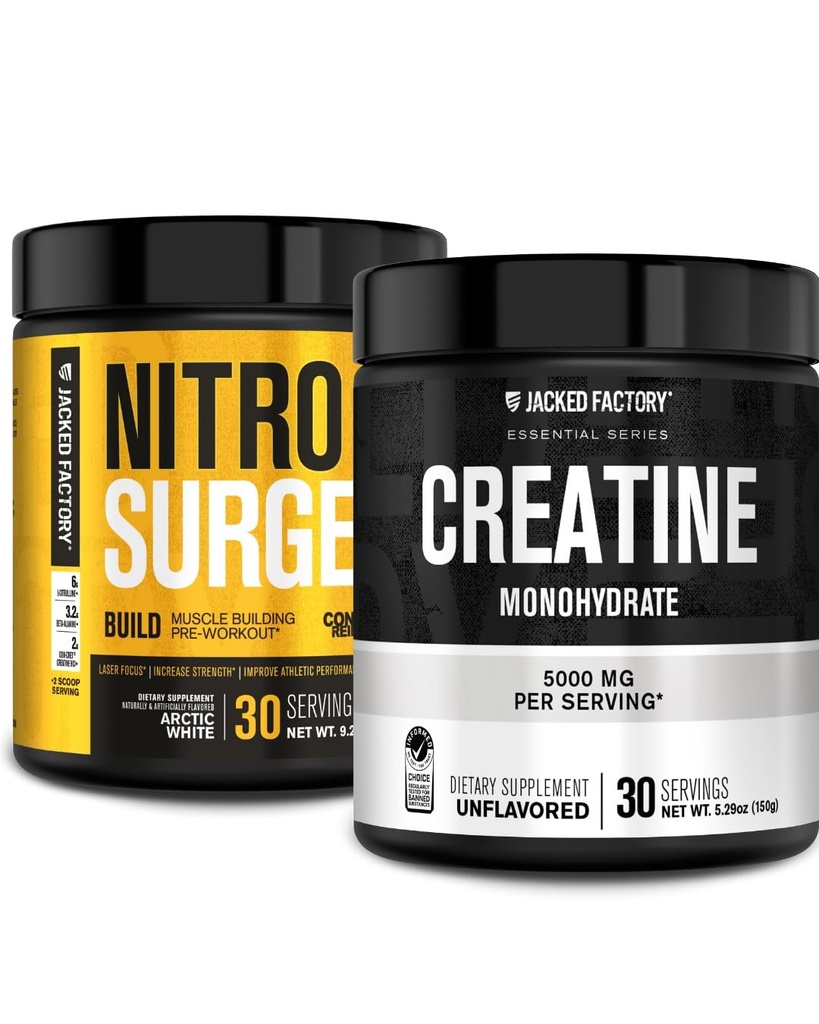 Nitrosurge de l'usine Jacked construire avant l'entraînement avec la créatine pour le bâtiment musculaire (30 portions, blanc arctique) et la poudre monohydratée de créatine pour la croissance musculaire et la force accrue (30 portions, non aromatisées)