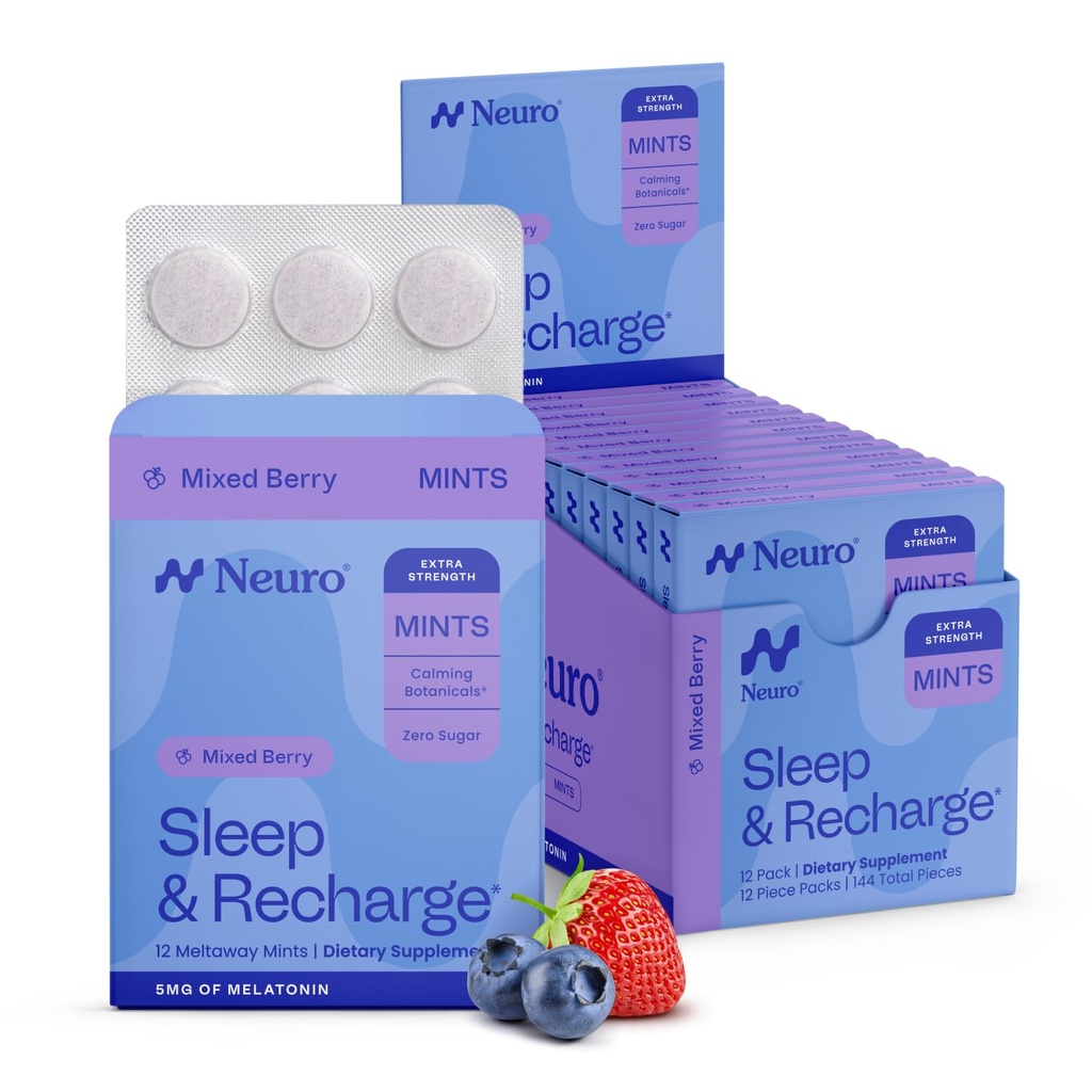 Neuro Melatonine 5mg Slaap & Oplaadmunten (144 stuks) - Snelle oplossen Melatonine Suiker Gratis muntjes met citroenbalsem & kamille voor betere slaap - Kalm slaapsupplement voor volwassenen - Nachtbessen smaak