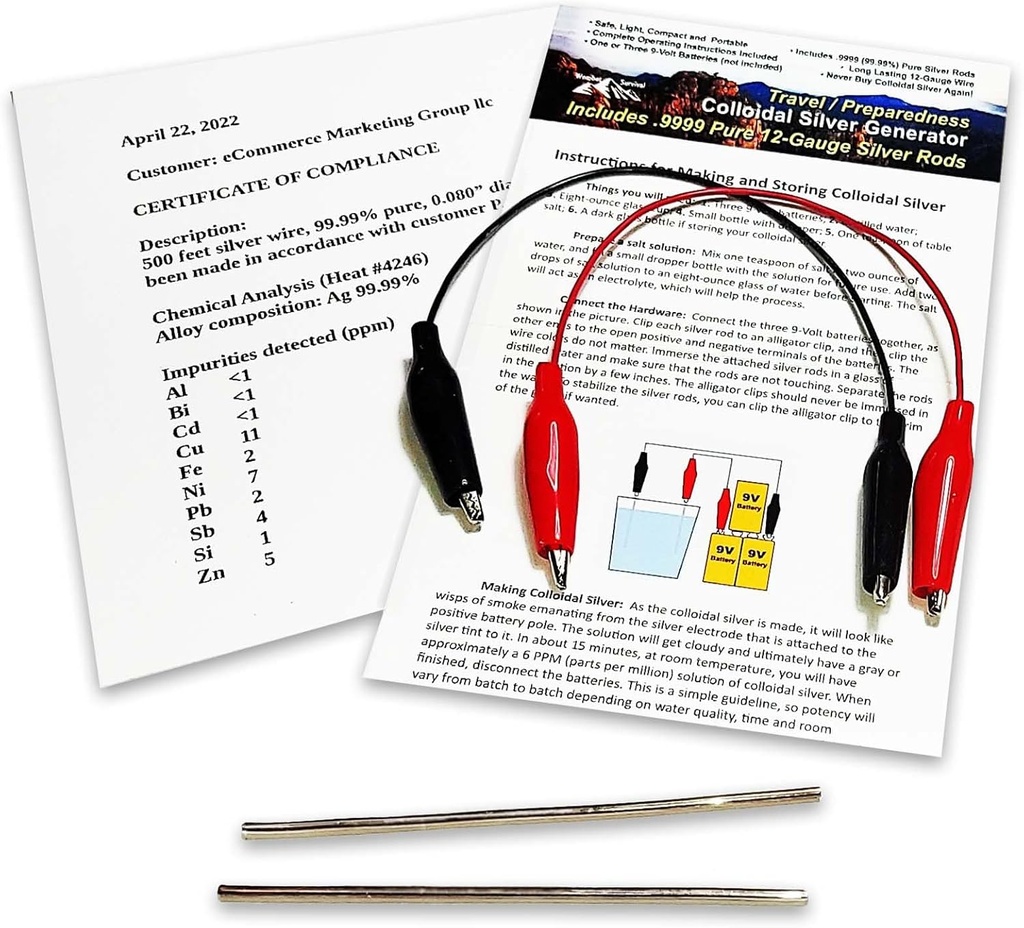 Colloïdaal zilveren Generator Draad 99,99% Pure 12-Gauge (0.08 in./2.06 mm) Set van (2) 4-Inch Rods + Mini/Travel Generator - Inclusief Draad + Volledige instructies