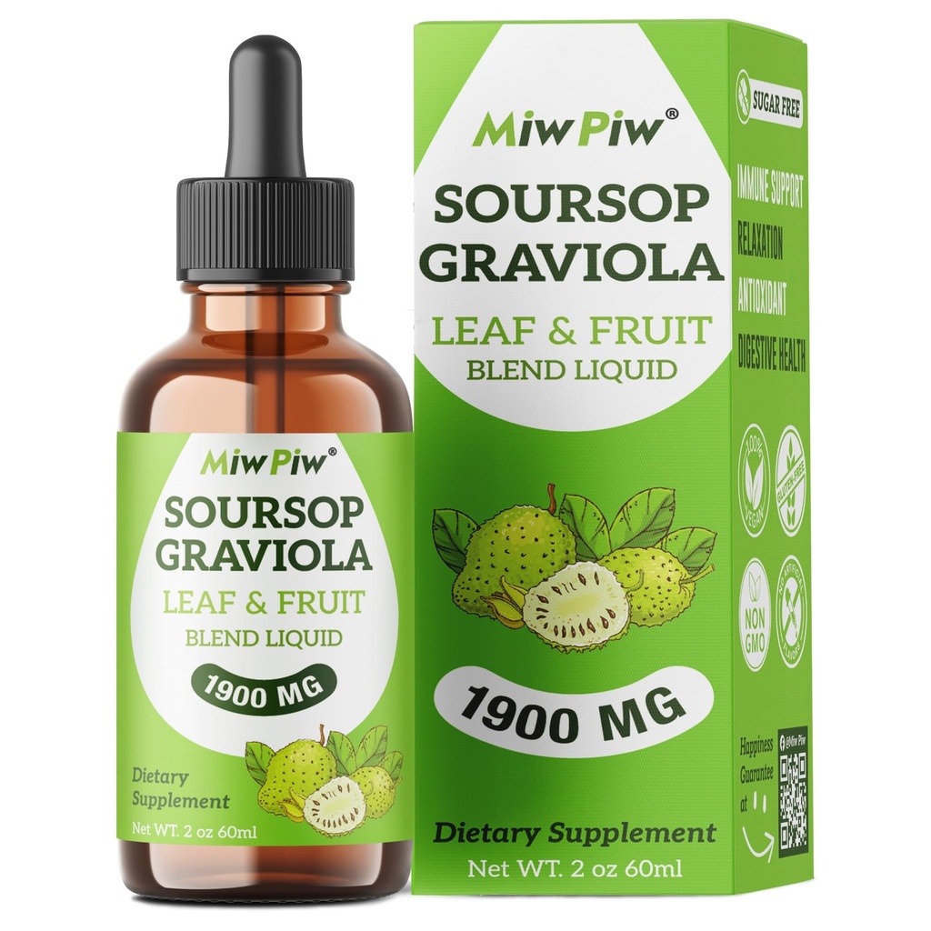 Soursop Graviola Liquid Drops 1900MG 2Fl Oz, Soursop Bitter Leaf Extract Supplementen, Slaap Relax Ondersteuning en Immune Boost - Suikervrij, Natuurlijke Smaak, Kruidengoed