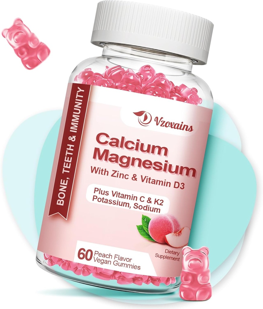 Hoge Absorptie Calcium Gummies, Suikervrij Calcium Magnesium Zink Gummies met Vitamine D3 voor mannen en vrouwen, Perzik smaak 60 Ct