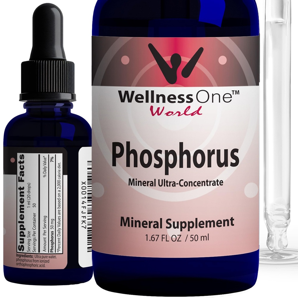 WellnessOne Ionic Phosphorus Suppléments - Phosphore liquide de l'acide phosphorique ortho pour les dents, la santé osseuse et le soutien énergétique - Non-OGM, végétalien, sans gluten - 1,67 fl oz