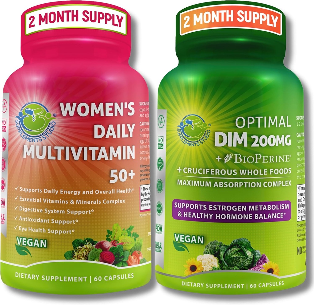 Bundle végétalien pour équilibre hormonal, énergie, Immunity Bundle – Femmes Multivitamine quotidienne 50+ avec mélange biologique Superfood + Supplément DIM 200mg avec BioPerine® – Non-OGM, Clean Daily Wellness Support
