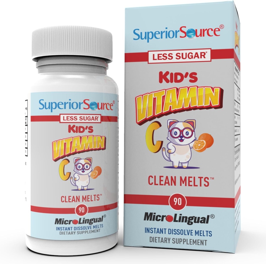 Superior Source Kid's Vitamine C Clean Melts - Immune Support Supplement voor kinderen - Minder suiker - Non-GMO, Glutenvrije en conserveringsvrije - 90 MicroLingual Instant-dissolve tabletten