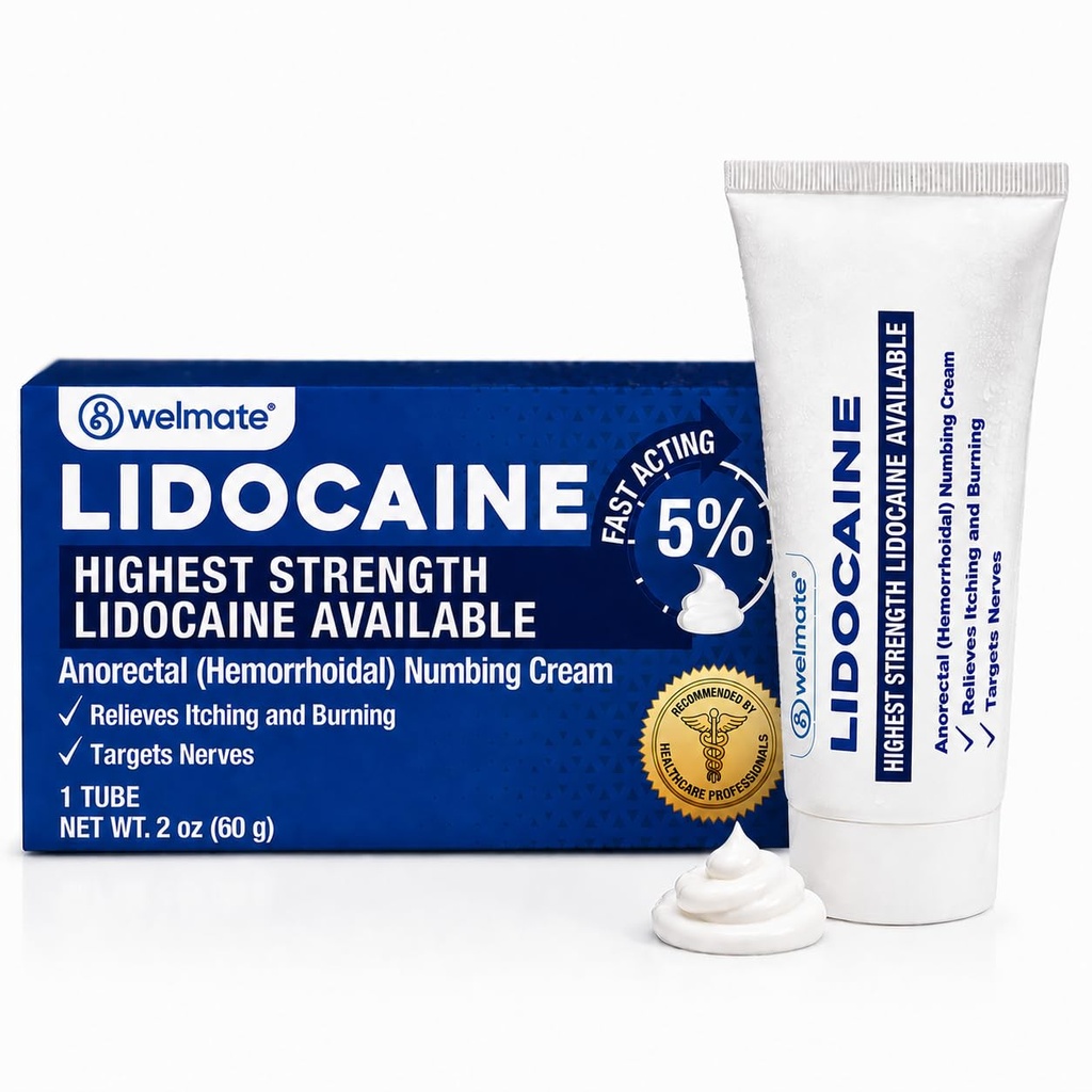 WELMAAT - 5% Lidocaïne Numbing Cream, 2oz (60g) - Maximale sterkte Lidocaïne crème - Aambeien verlichting - extern gebruik Verdovingsmiddel, vitamine E - kindbestendig - Topische huidverzorging