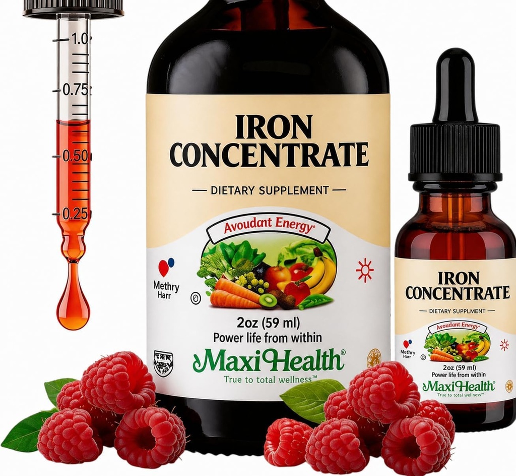 Maxi Health Women, Men and Kids Liquid Iron Supplement - 15 mg per ML Berry Flavored - High Potency - Eenvoudig te mengen voor onmiddellijke absorptie - Verhoog energie zonder misselijkheid - 2 fl Ounces