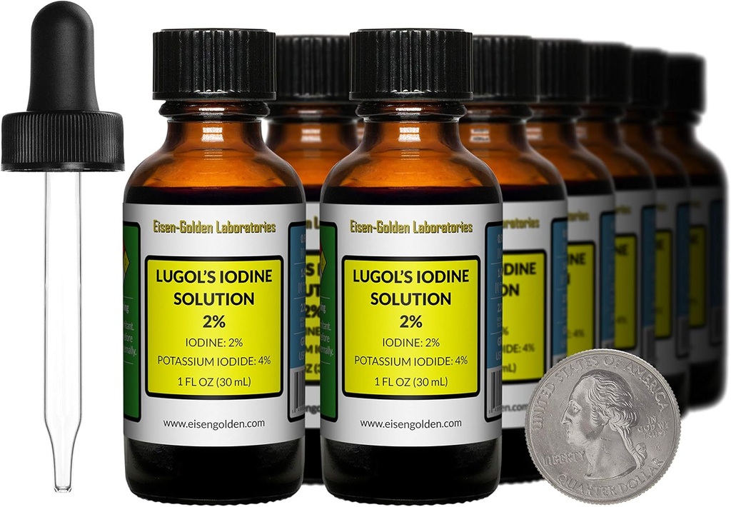 Lugol's Jodium / 2% Oplossing / 12 Oz in Twaalf Amber glazen flessen / Vrije Droppers / VS