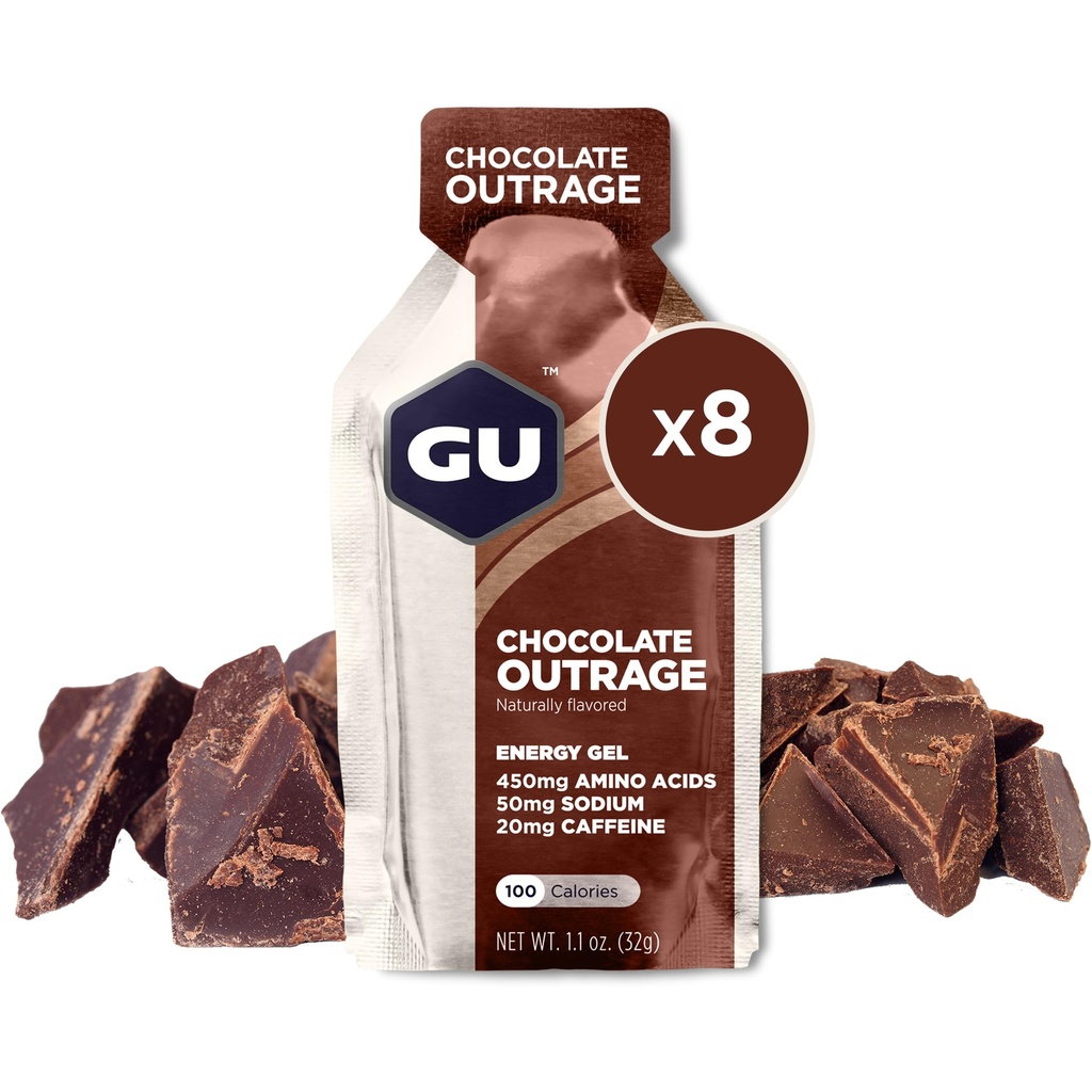 GU Energy Original Sports Nutrition Gel d'énergie, végétalien, sans gluten, avec des arômes d'outrage Tri-Berry et Chocolat 8-Counts avec acides aminés et électrolytes