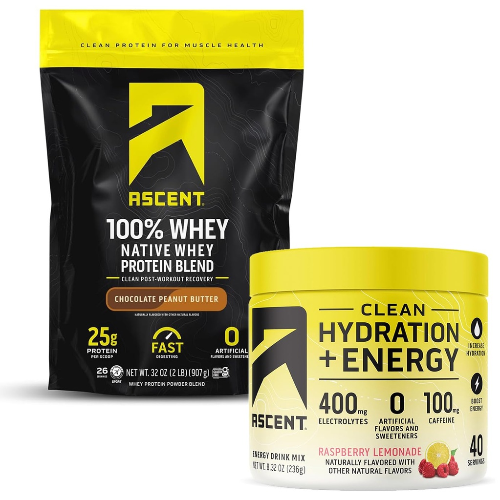 Ascence 100% poudre de protéines de lactosérum, beurre d'arachide au chocolat 2 lb & hydratation + électrolytes énergétiques, citronnade aux framboises 40 portions