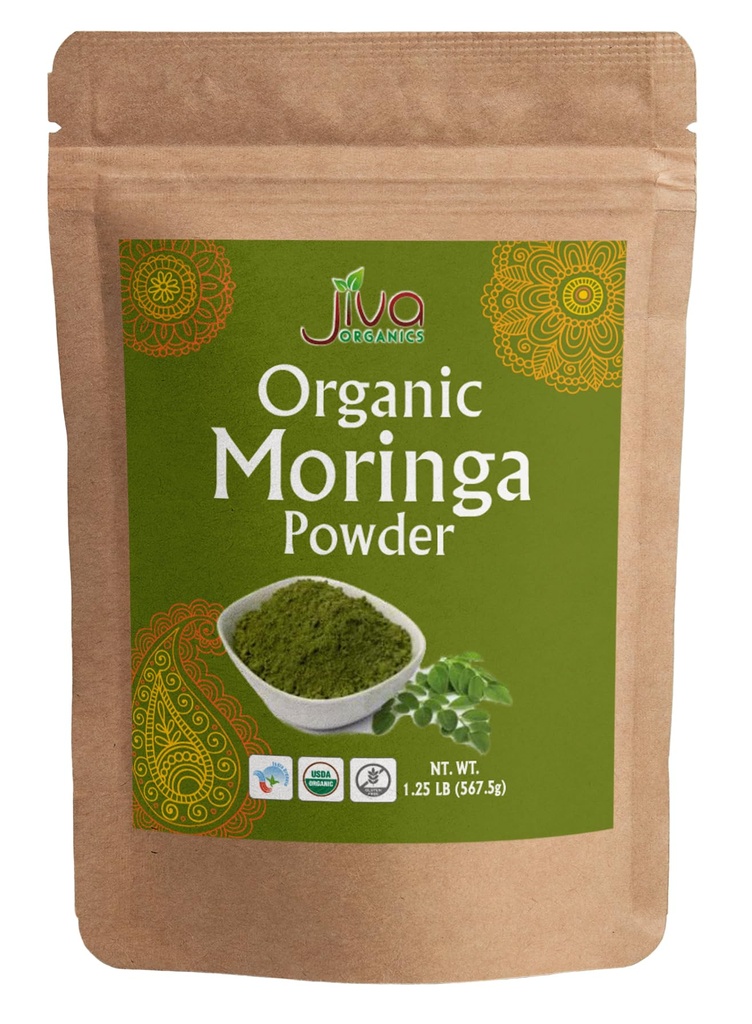 Jiva Organics Moringa Powder 1.25LB Bulk Bag - Moringa Oleifera Leaf Powder - Great for Hair, Rich in Immune Vitamin, Great Superfoods for Moringa Tea, Moringa Drink, India Grown, Vegan