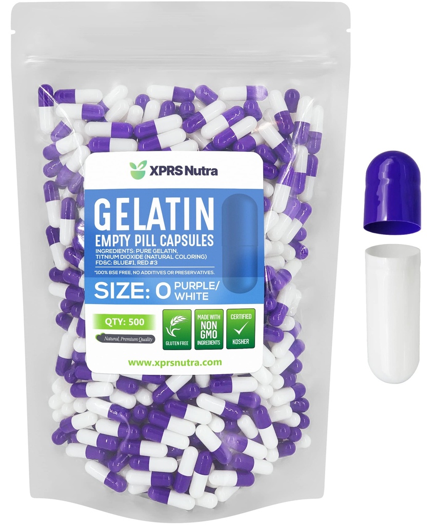XPRS Nutra Size 0 Empty Capsules - 500 Count Empty Gelatin Capsules - Pills DIY Capsule Filling - Pure Bovine Pill Gel Caps for Do-It-Yourself Supplements (Purple/White)