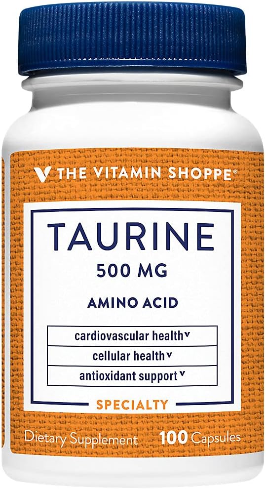 La Vitamine Shoppe Taurine 500MG, Un Acid Amino de forme libre, Antioxydant qui soutient la santé cellulaire et cardiovasculaire avec la vitamine B6, Soutien du cerveau et de la mémoire (100 Capsules)