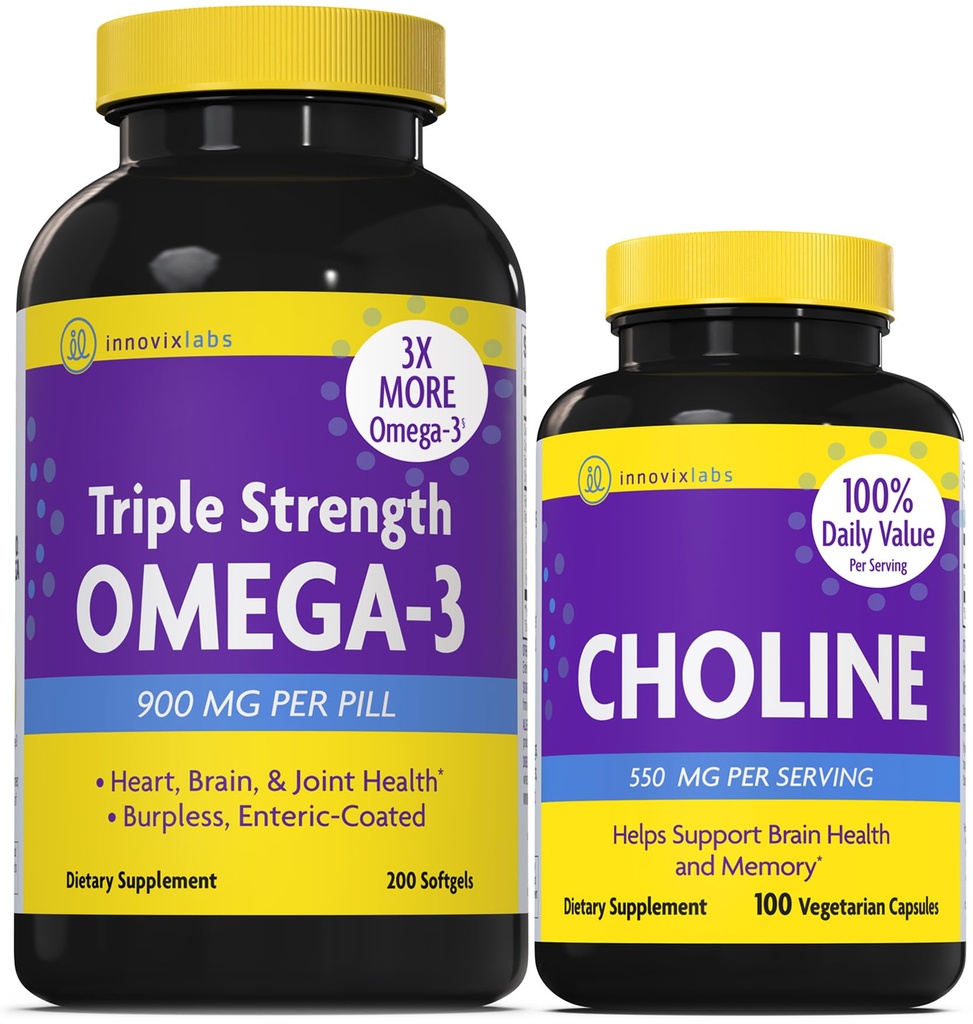 InnovixLabs Choline & Triple Omega-3 Bundle Choline Bitrartate 550 mg (100 capsules) Triple Strength Omega (200 Softgels). Ondersteunt Memory, Mood, Brain Health & Boost Cognitive.*