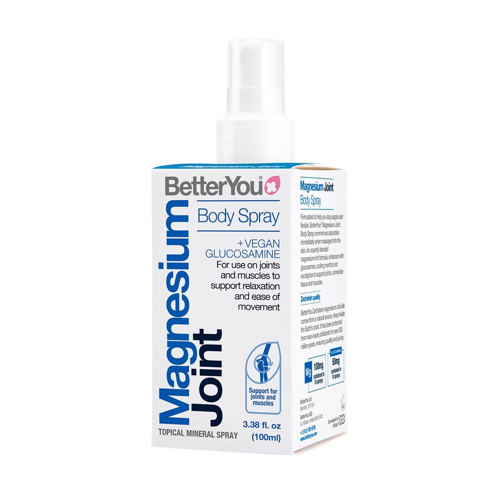 BetterYou Magnésium Joint Spray - Spray de soulagement musculaire - Chlorure de magnésium topique et glucosamine - Refroidissement du menthol et de l'eucalyptus - 3,38 oz