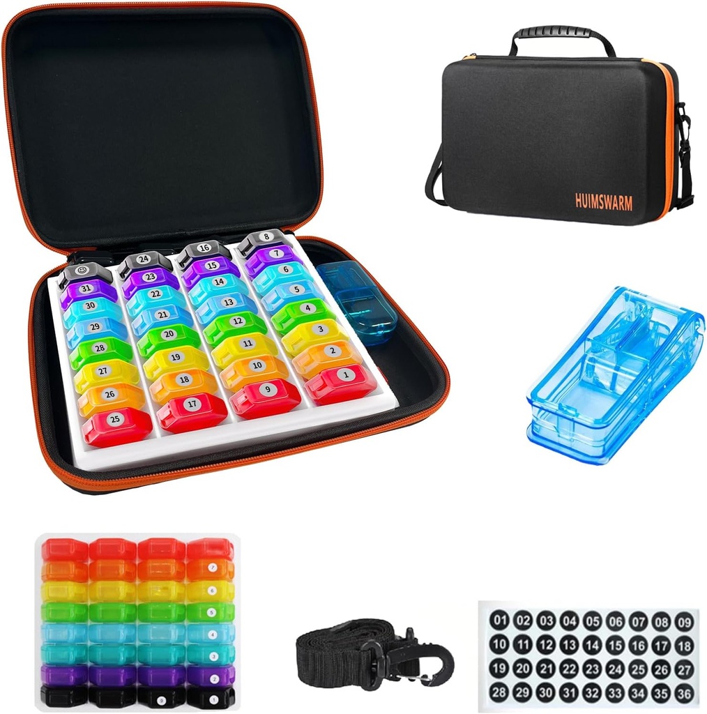 Maandelijkse pil Organizer 1Tijd Een Dag,Pill Organizer Maandelijks 1Tijd Een Dag met 32 Dagelijkse Compartementen&1Pill Cutter&1Travel Case&1Shoulder Straps&2PCS 31 Days Sticker. Comfortabele handgreep, BPA-Free.