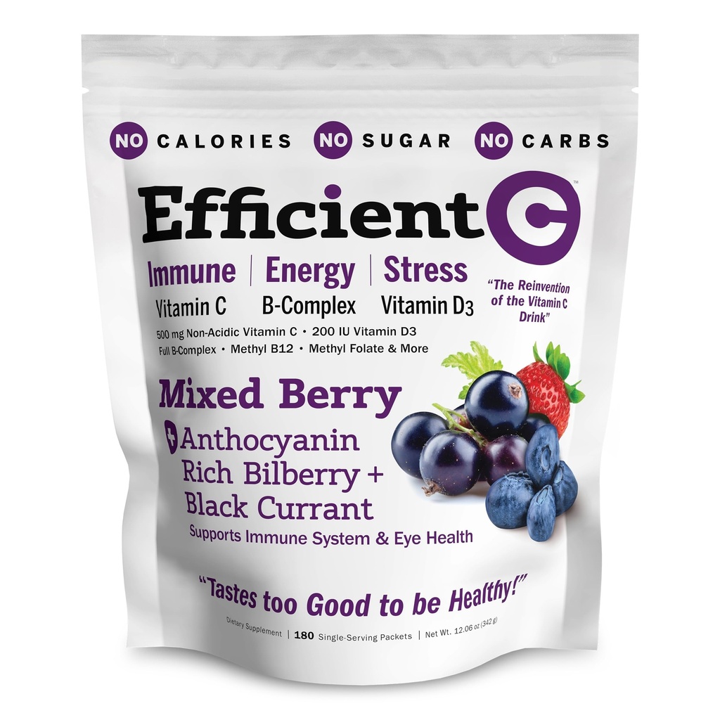 ANDREW LESSMAN Efficient C Mixed Berry 180 Packets - Immune, Energy, Stress and Eye Health Support. Reinvention of The Vitamin C Drink. No Calories. No Sugar. No Carbs. Easy to Mix.