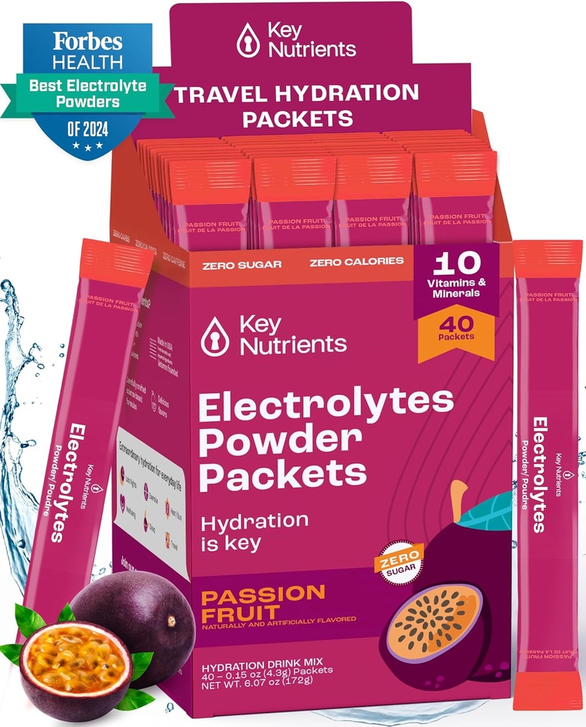 KEY NUTRIËNTEN Multivitamine Elektrolyten Poederverpakkingen - Heerlijke Passie Fruit 40 Pack Hydration Packets - Travel Hydration Powder - No Sugar, No Calories, Gluten Free - Made in USA