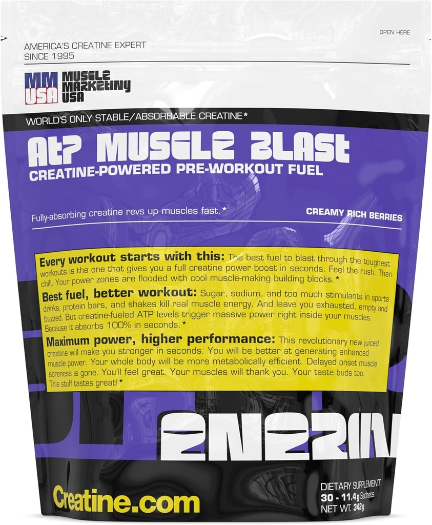 MMUSA ATP Muscle Blast: La seule boisson énergétique en créatine stable au monde. Absorption instantanée. Boost immédiat pour la musculation intense, Endurance Sports. Train Harder, Recover Faster. 30 sachets, 11,4g Chaque