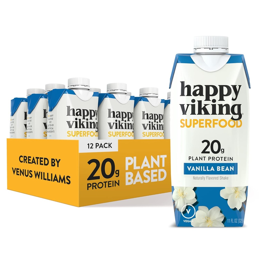 Vanilla Bean Vegan Plant Protein Shakes by Happy Viking, Created by Venus Williams, 20g proteïne, Omega-3, 9 Aminozuren en BCAA's, Glutenvrije, Non-GMO, Klaar om te drinken, Pack van 12 (11oz)