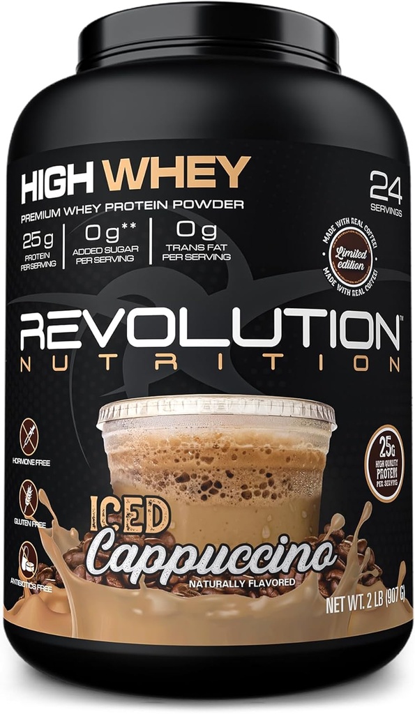 Revolution Nutrition, High Wei, Protein Powder 2LB, Wei Isolaat, Glutenvrij, Lean Muscle Mass for Men & Women, 25g Protein Per Scoop, 908 g, 24 Servers (Iced Cappuccino, 2 Pond)