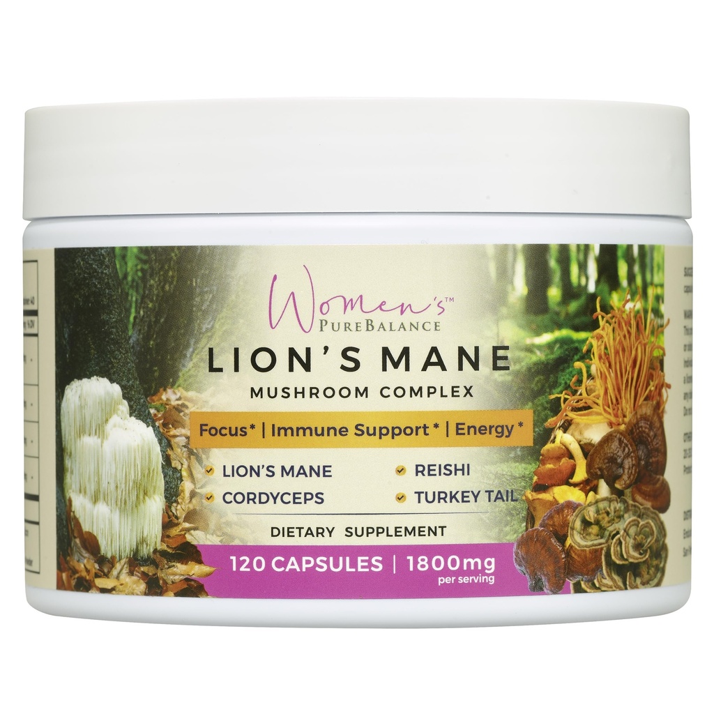 Gélules de complément de champignons de lion PureBalance pour femmes avec Reishi, Cordyceps, Turkey Tail – Cerveau Nootropic pour la mémoire, Focus, Énergie naturelle, & Immune Support, Non-OGM (120 capsules)