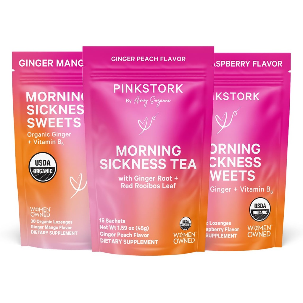 Pink Stork Kit de soulagement de la maladie du matin – Bundle 3 pièces avec thé de pêche au gingembre biologique, B6 Sweets, Ginger Lozenges – Soutien à la grossesse, premier Trimester Essentials, cadeau pour les femmes enceintes