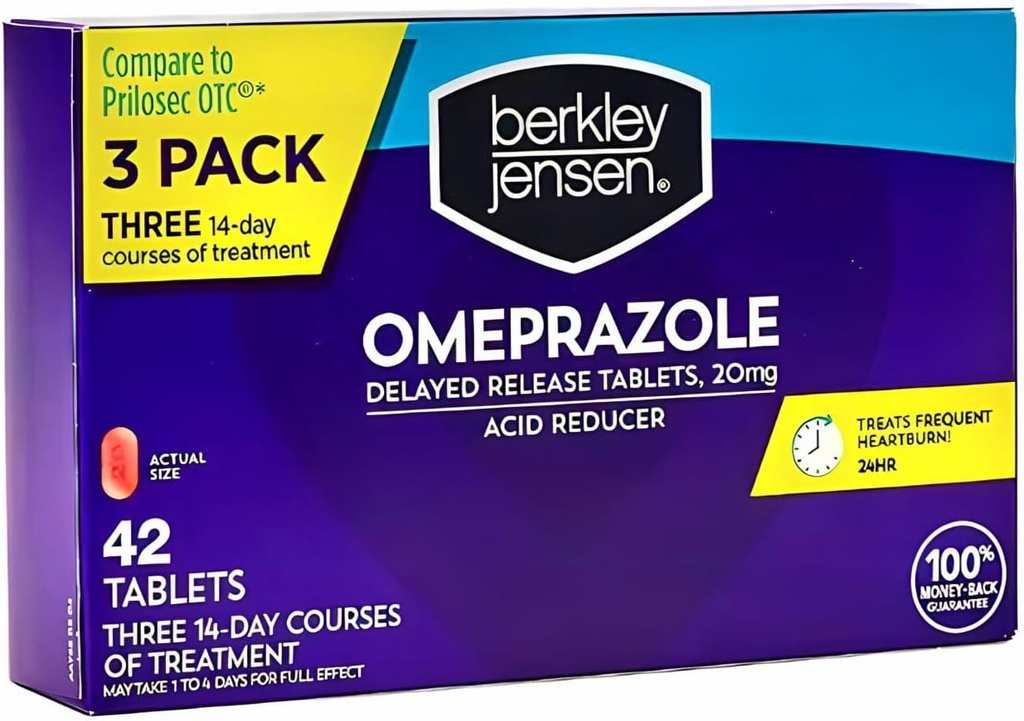 Berkley Jensen Omeprazole 20 mg Comprimés à libération différée - médicaments pour brûlures d'estomac - pilules réducteurs d'acide - traite les brûlures d'estomac fréquentes - 3 cours de 14 jours, 42 Nombre total (paquet de 1)
