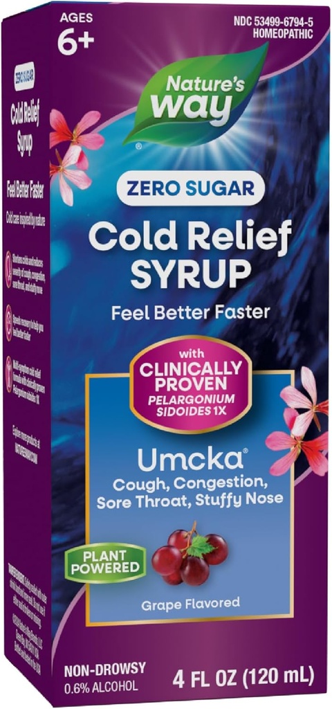 Nature's Way Cold Relief Zero Sugar Siroop, Umcka, Homeopathische, Kortademig Verkoudheid, Sore Throat, Hoest, Congestie, en Stuffy Neus, Fenylefrine Gratis, Grape Flavored, 4 Fl Oz (Verpakking mei Vary)