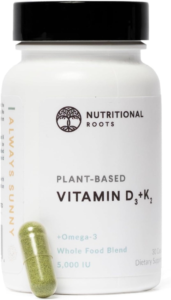 Racines nutritives - Vitamine D3 et K2-5,000 iu - 1 milliard CFU Probiotiques - Algal Omega 3 DHA - Soutien immunitaire - Supplément alimentaire - Formule végane - 1 mois d'approvisionnement - 30 capsules