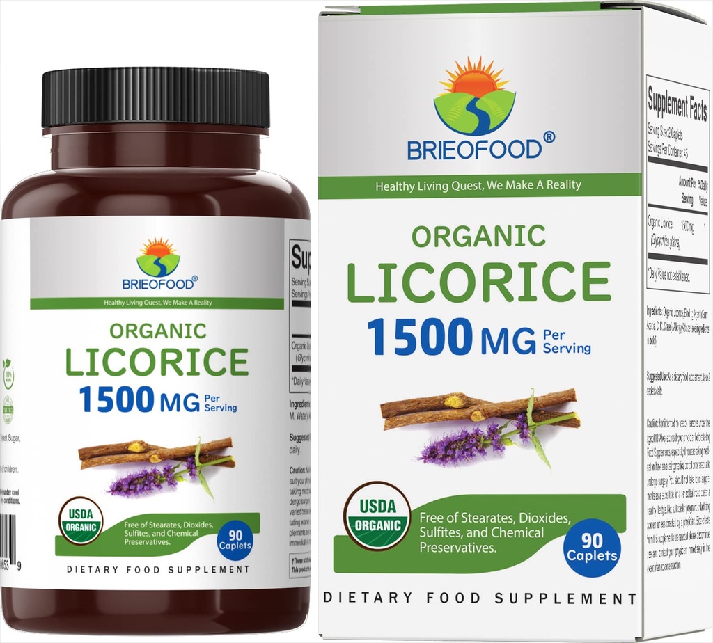 Brieofood Biologische Licorice 1500mg, 45 porties, Vegetarisch, Glutenvrij, 90 Vegetarische tabletten