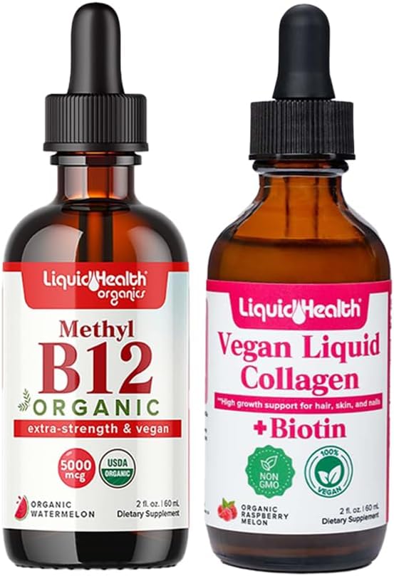 LIQUIDHEALTH Organic Methyl B12 5000mcg Vitamine Drops with Tart Cherry Juice & 100% Vegan Plant-Based Collagen Plus Biotine Drops - stimuler l'énergie naturelle, améliorer la concentration, la croissance des cheveux et des ongles, la santé de la peau