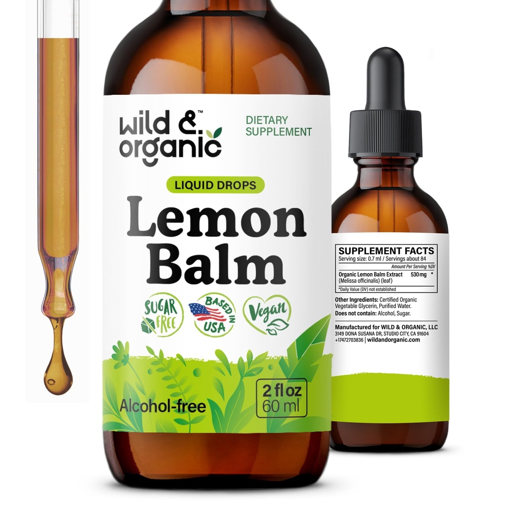 Wild & Organic Lemon Balm Drops - Relaxing Lemon Balm Leaf Extract Supplement - Calming Melissa Officinalis Tinctuur - Vegan, Sugar & Alcohol-Free - 2 fl oz