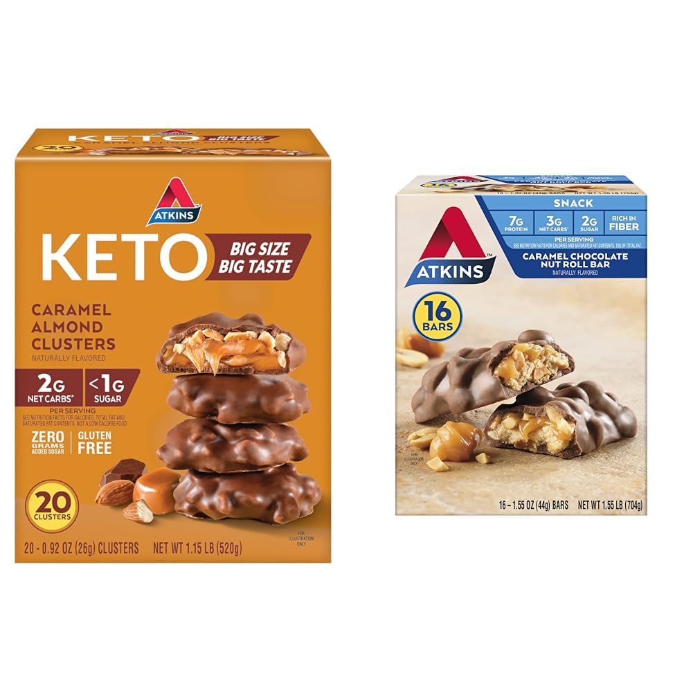 Atkins Caramel Almond Clusters, Glutenvrij, Hoog in vezels, 1g Suiker, 2g Net Carb, Keto vriendelijk, 20 Graaf & Caramel Chocolate Nut Roll Snack Bar, Proteïne Snack, Hoog in vezels, 2g Suiker, 16 Tellen