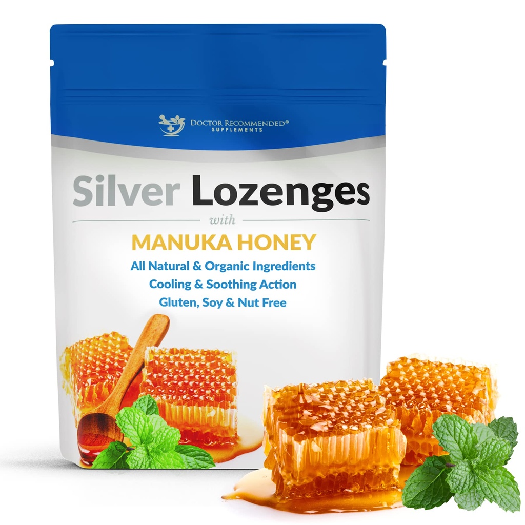 Lozanges d'argent au miel de Manuka biologique et vitamine C - Nano Argent tout naturel 45-50mcg de 60 PPM gouttes minérales d'argent colloïdal pour soutenir le système immunitaire, Soothe, Toux et gorge froide, 24-Lozenges