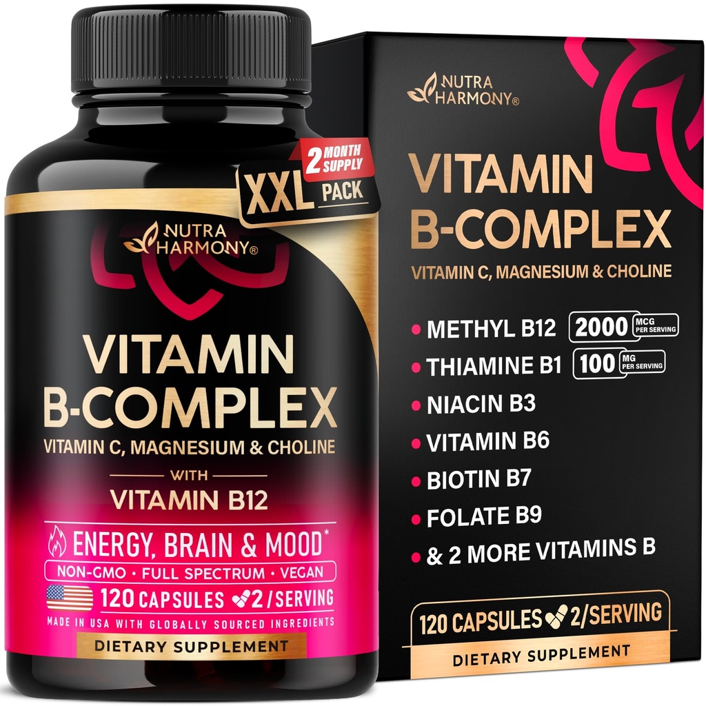 Vitamine B Complex for Men & Women - Made in USA - B-Complex: B1, B2, B3, B5, B6, B7, B8, B9, B12 with Vitamin C, Choline, Inositol - Energy, Brain & Heart Support Supplement, 120 Vegan Capsules