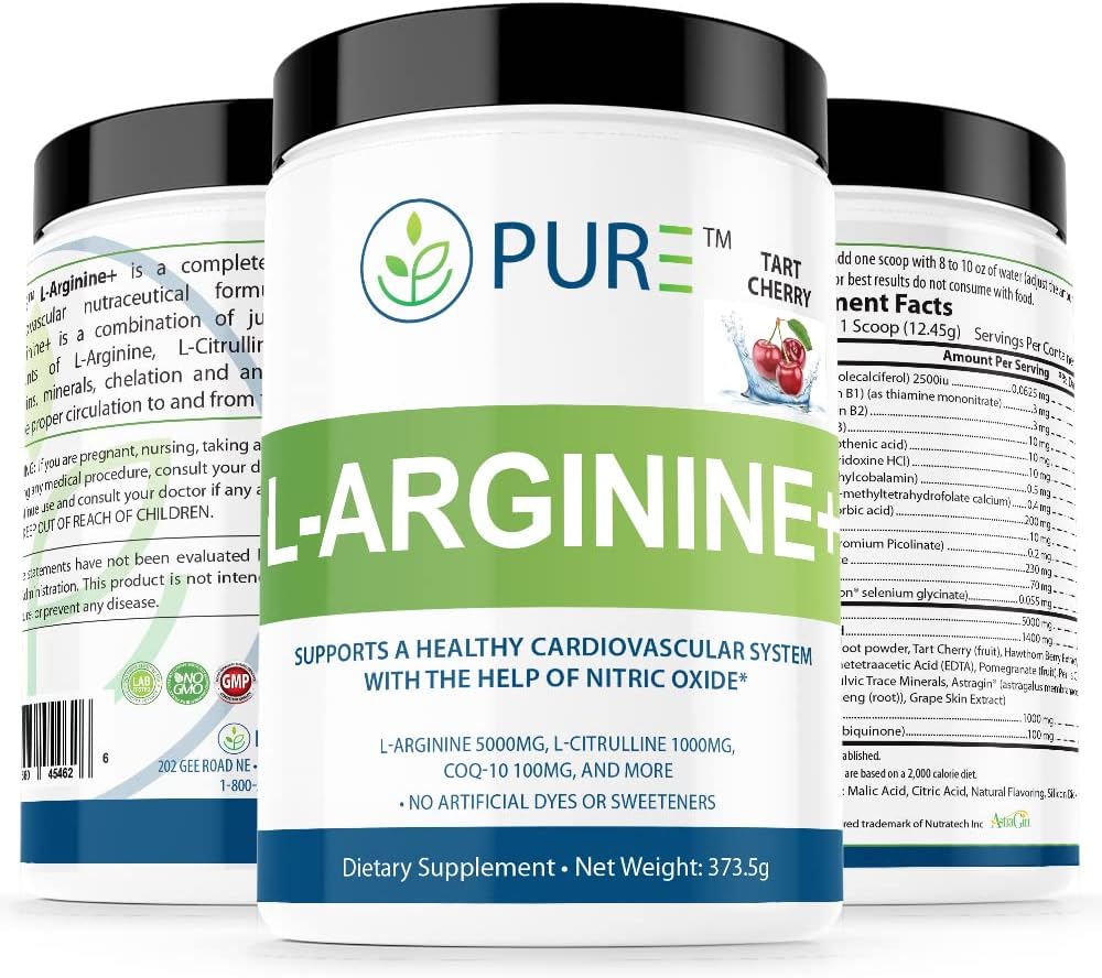 PURE L-Arginine+ L- Arginine+, L- Arginine L Citrulline CoQ10 en meer! Ondersteuning voor bloeddruk, cholesterol, energie, bloedstroom, spierontwikkeling en meer (Tropische Mango)