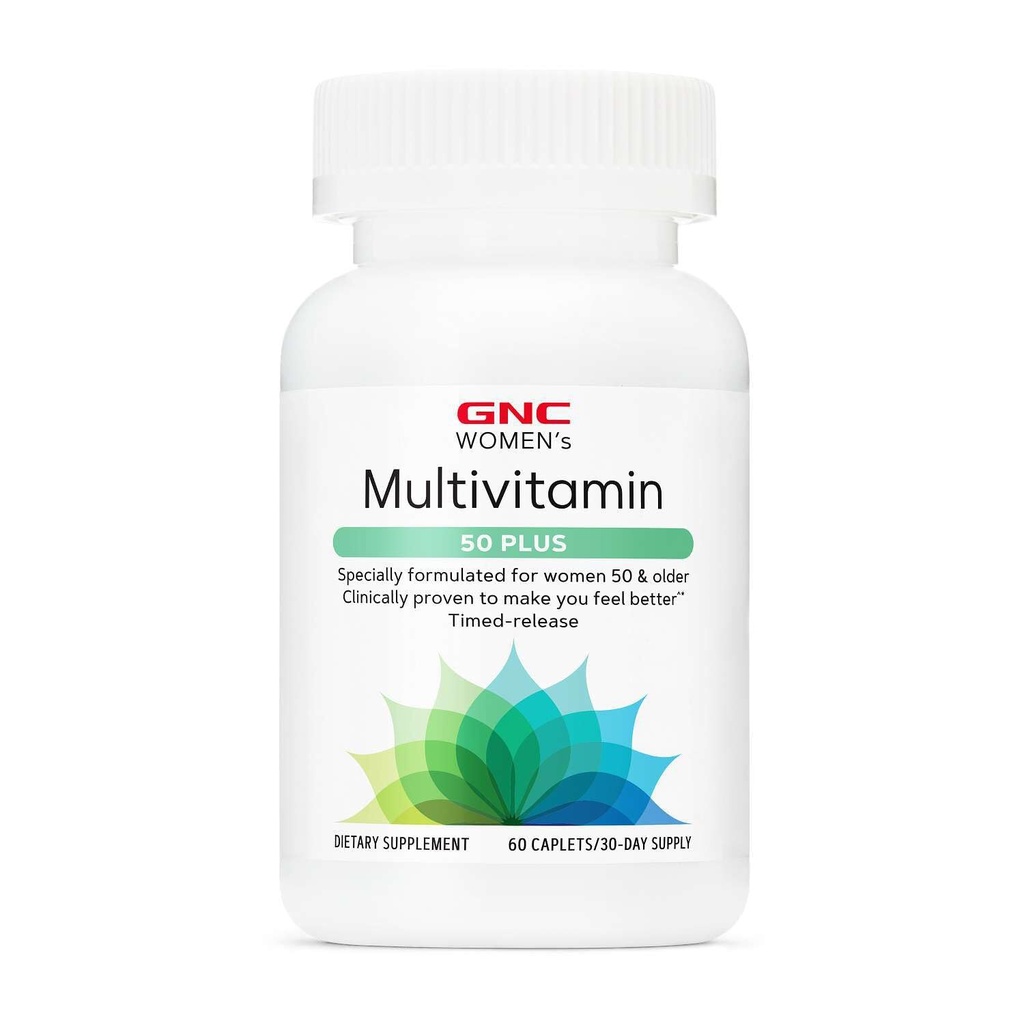 GNC Vrouwen Multivitamine 50 Plus, ondersteunt bot, oog, geheugen, hersenen en huidgezondheid met vitamine D, calcium en B12, helpt verhogen energieproductie, 60 caplets