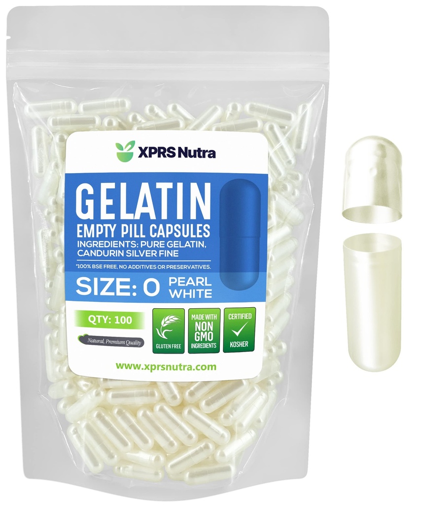XPRS Nutra Taille 0 Capsules vides - 100 Compte Capsules de gélatine vides - Pills Bricolage Capsule Remplissage - Pure Pilule Gel Caps pour Do-It-Youlf Suppléments (Pearl White)