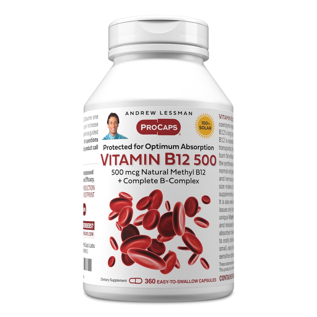 ANDREW LESSMAN Vitamine B12 500 360 Capsules - Absorptie-beschermd Methylcobalamine (Natural Coenzyme Vitamin B12), essentieel voor energie- en stressondersteuning, Plus B-complex, gemakkelijk doorslikken Capsules