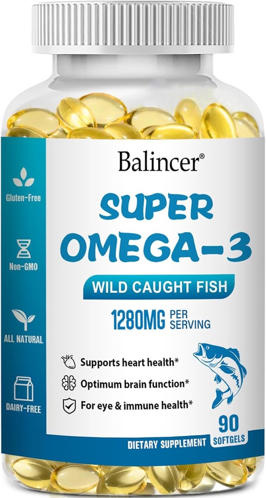 Omega 3 Visolie Supplementen, 1280 mg Omega-3 Vetzuren Inclusief EPA en DHA, Wild-Caught Burpless Visolie Supplementen Ondersteunt Hart, Hersenen en Ooggezondheid, 90 Softgels