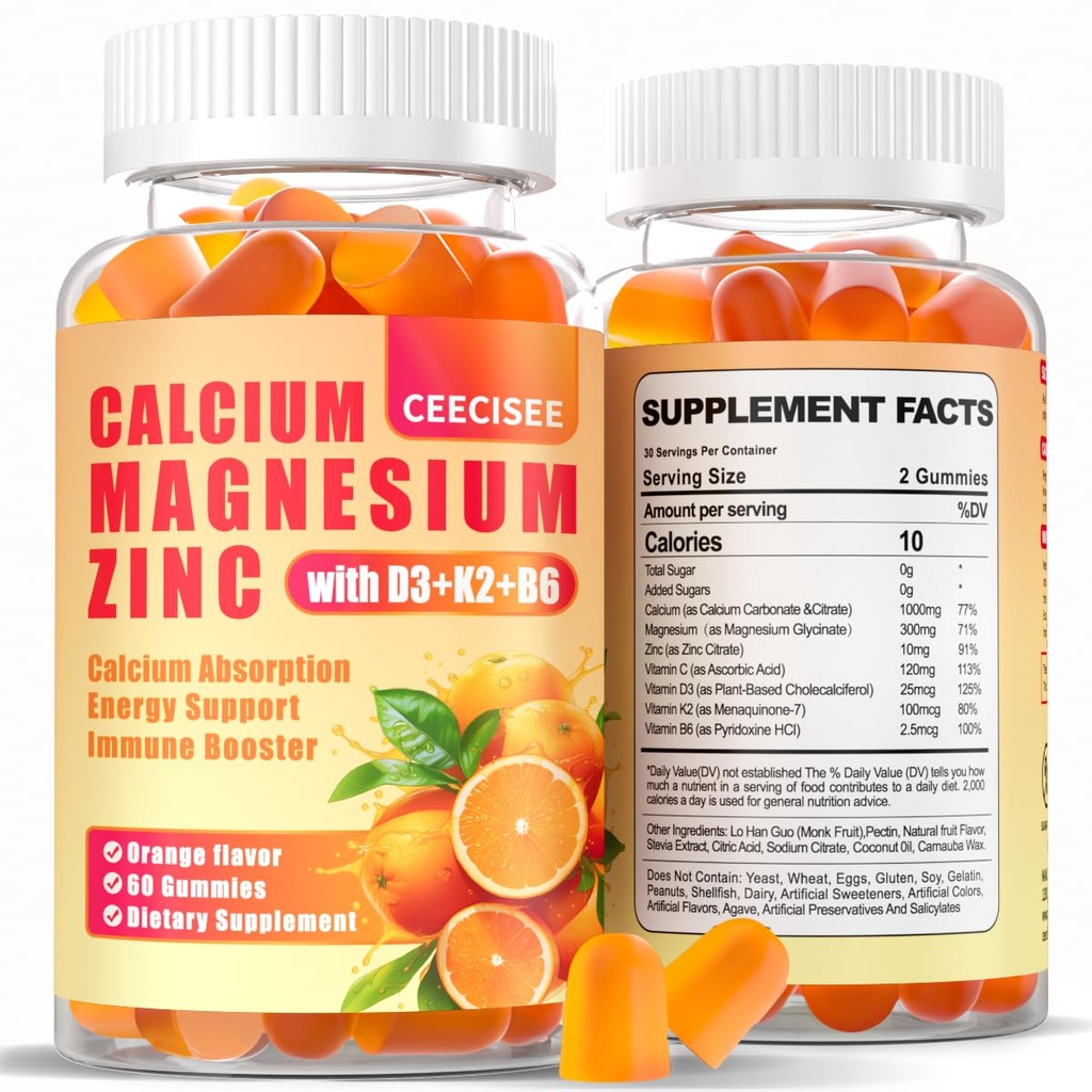 Calcium Magnesium Zink Gummies met D3 &B6 &K2,1000mg Calcium Gummies met 300mg Magnesium Ondersteuning Immune Energy voor volwassenen en tieners, Sugar Free(120Count)