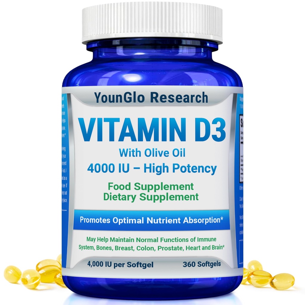 Vitamine D3 4000 UI complément alimentaire pour promouvoir la santé des os et la fonction immunitaire, facile à avaler 360 softgels